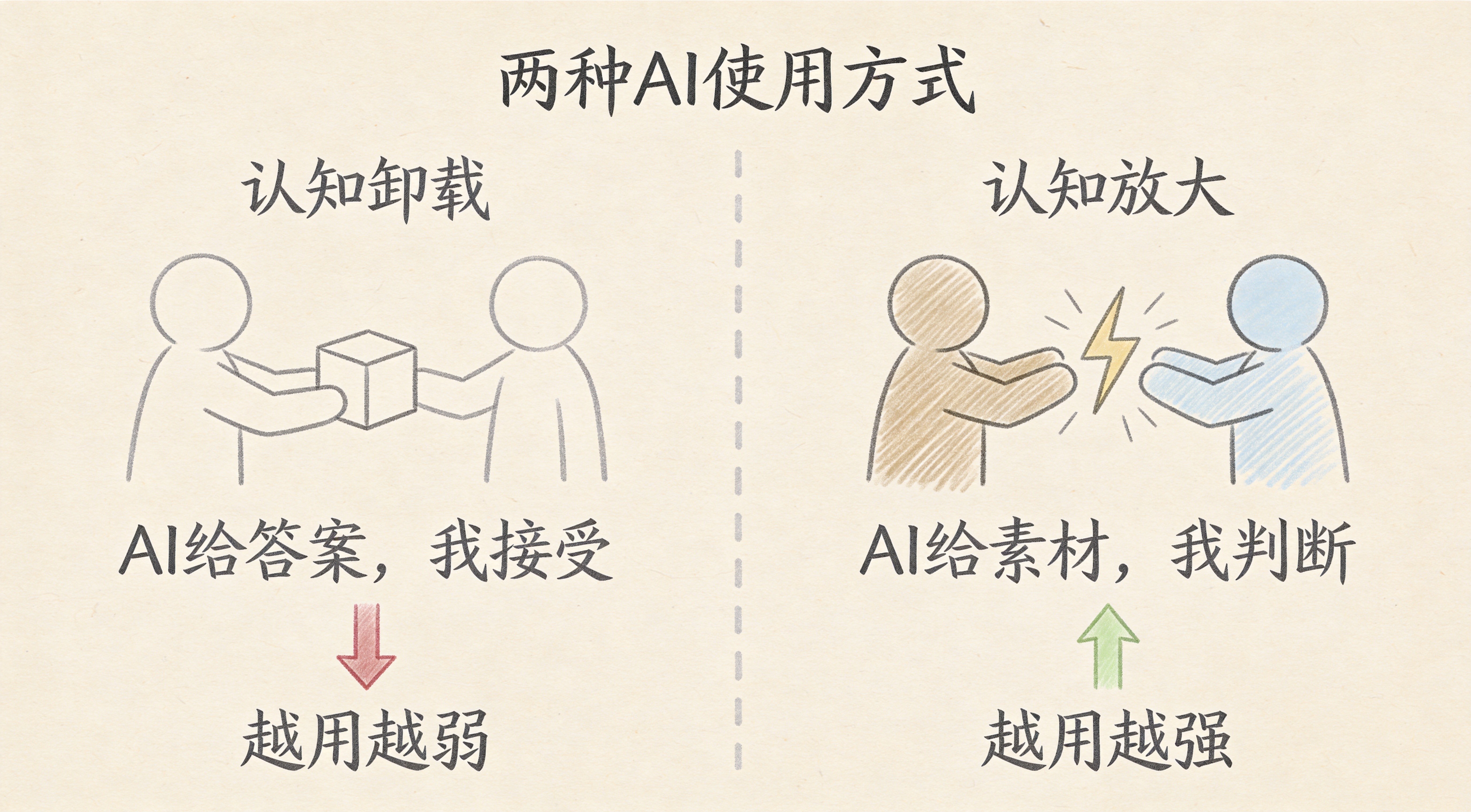 两种AI使用方式对比：认知卸载（AI给答案，我接受，越用越弱）vs 认知放大（AI给素材，我判断，越用越强）